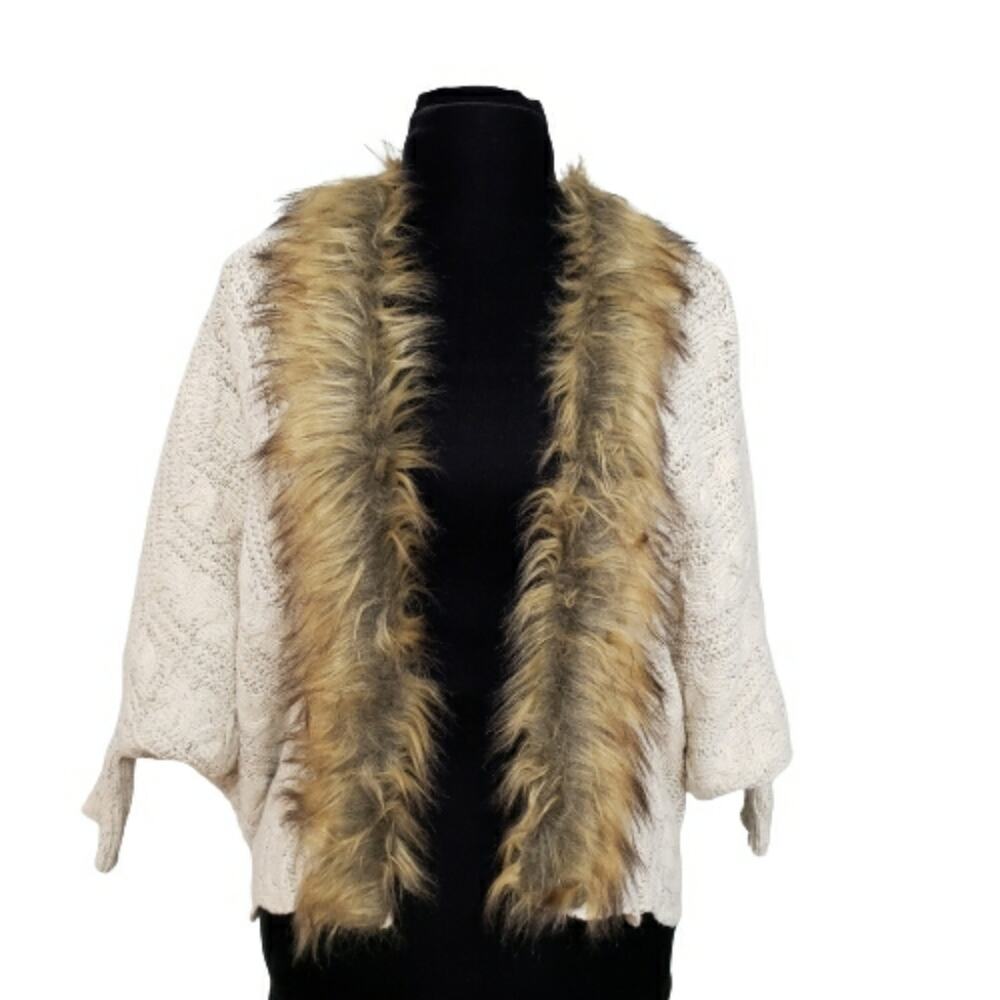 Military Hippie Cocoon Knit Open Cardigan One Size Faux Fur‎ Collar